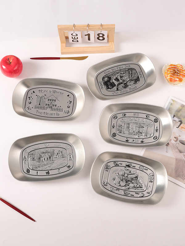 Retro Tinplate Creative Snack Plate Household Commercial Stainless Steel Plate French Fries Fried Chicken Barbecue Outdoor Picnic Z^