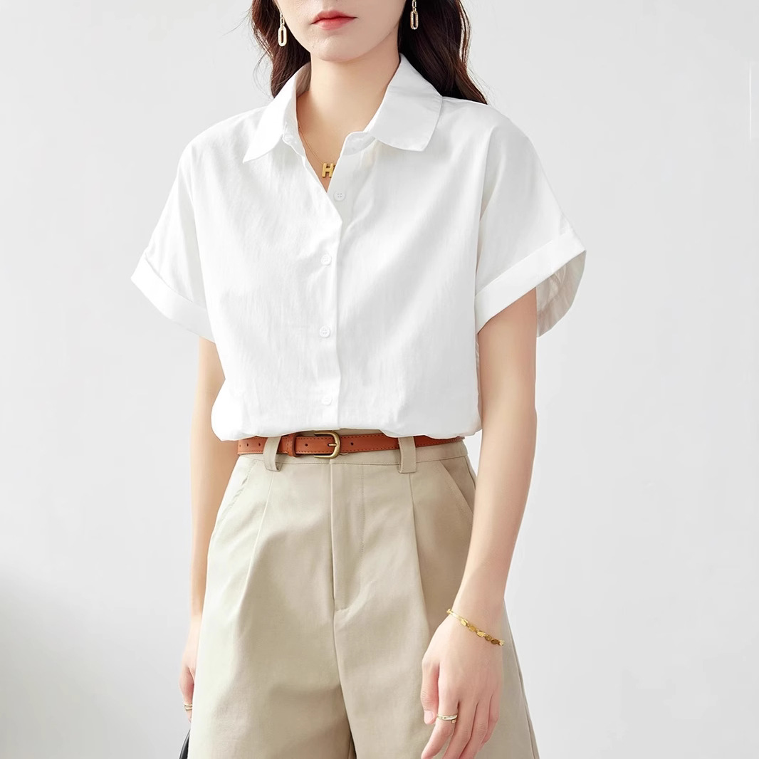 순수 코튼 여성 반팔 흰색 셔츠 여성 2025 새로운 흰색 셔츠 전문 통근 여성 여름 반팔 탑