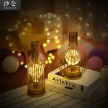 鐵藝酒杯酒瓶燈裝飾迷你銅線造型台燈水壺燈 房間創意LED小夜燈串