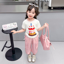 女童蛋糕短袖t恤套装2024夏装新款儿童韩版女孩休闲工装裤两件套5