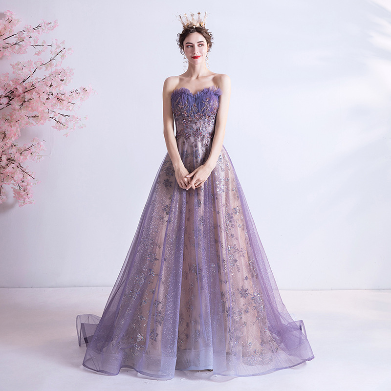 Annual Party Evening Dress 2026 Sexy Strapless Purple Sequin Starry Sky Dress Wedding Bride Performance Outfit Wedding Dress Annual Party Evening Dress 2026 Sexy Strapless Purple Sequin Starry Sky Dress Wedding Bride Performance Outfit Wedding Dress
