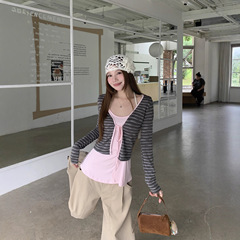 韩系复古条纹开衫外套女秋季2025新款少女感穿搭外搭披肩短款上衣