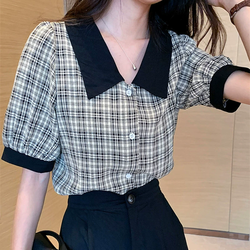 Клетчатая рубашка, женская новая летняя дизайнерская ниша, французский топ в стиле ретро, рубашка с пышными рукавами в Гонконге