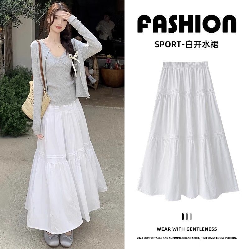 White Accordion Skirt 2025 New Autumn High-Waisted A-Line Skirt Slimming Petite Puffy Mid-Length Tiered Skirt