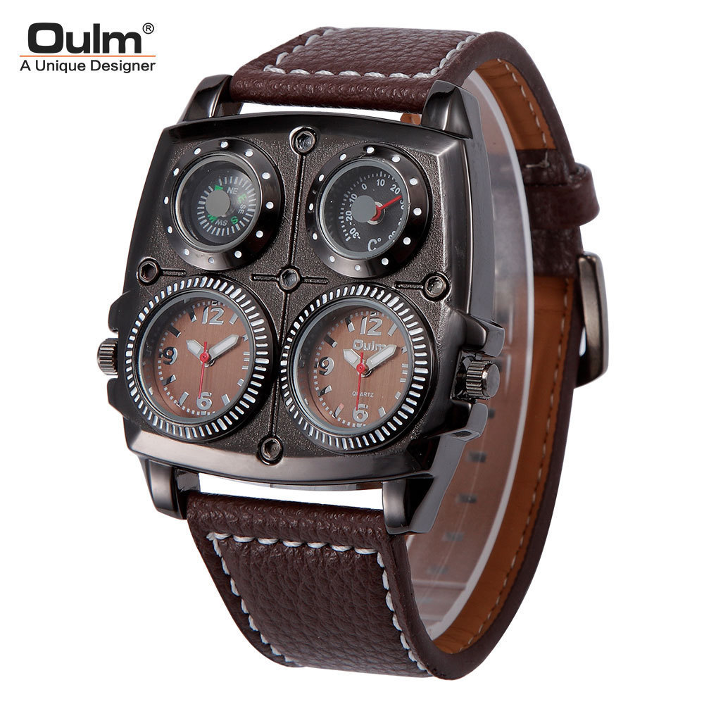 Oulm gran dial de moda casual reloj de los hombres gran dial doble zona horaria brújula decoración de los hombres reloj de cuarzo 1140 image 6