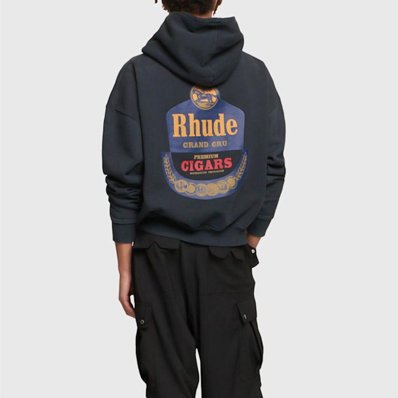 Cross-border Trendy Brand Rhude Totem Letter Printed High Street American Style Vintage Men's and Women's Loose Pure Cotton Hooded Sweatshirt