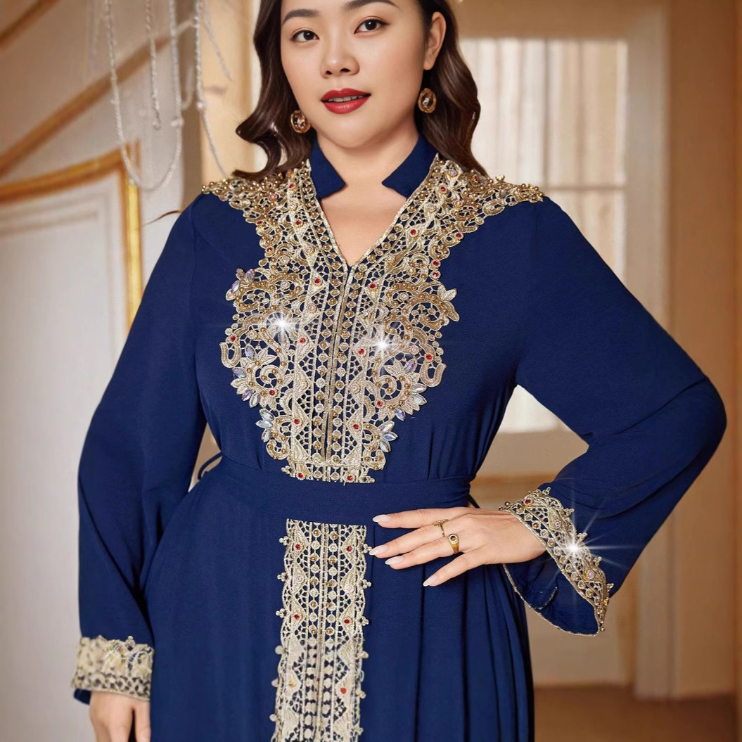 Middle Eastern Plus Size Vintage Arabic Dubai Embroidered Appliqué Rhinestone Dress Muslim Party Evening Gown_ecoleips.com