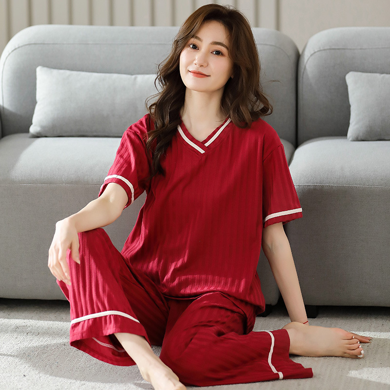 Pijamas de algodón de verano de las mujeres pantalones delgados de manga corta lindo de dibujos animados sueltos más tamaño traje de desgaste para el hogar se puede usar fuera