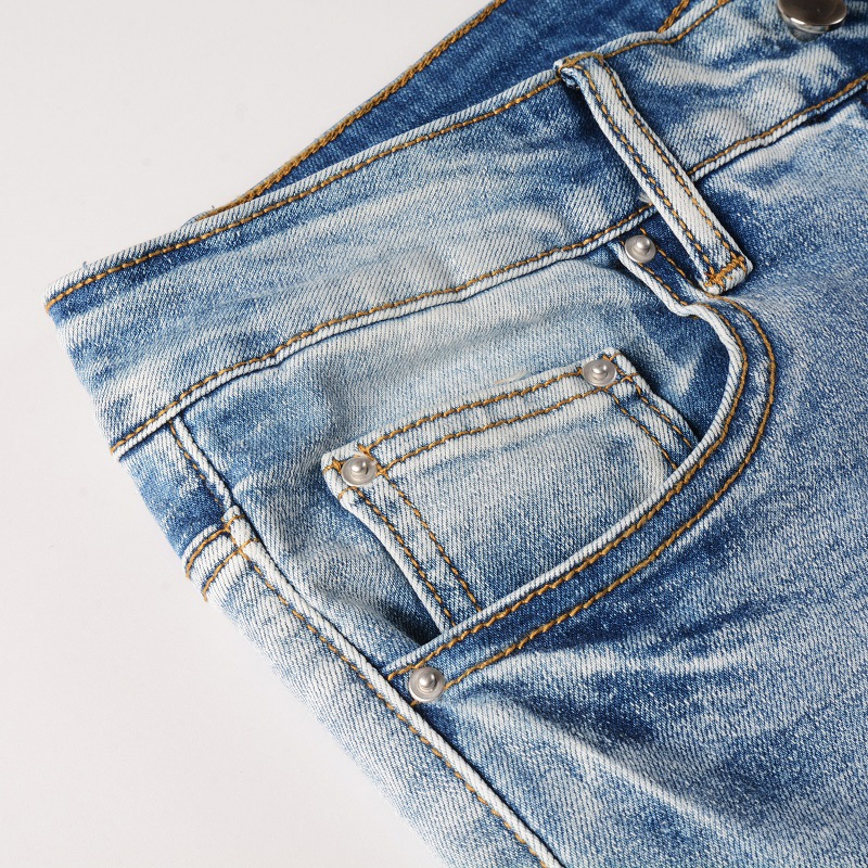 Herrenbekleidung im gleichen Stil, Katzenschnurrhaare, zerknitterte Farbe, Patchwork, Lederpatch, Loch, elastische Slim Fit-Röhrenjeans_voghion.com