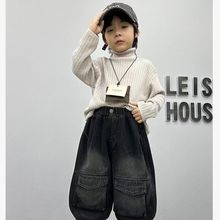 一体绒儿童加绒牛仔裤帅气秋冬季奥粒绒灯笼裤大口袋洋气百搭耐磨