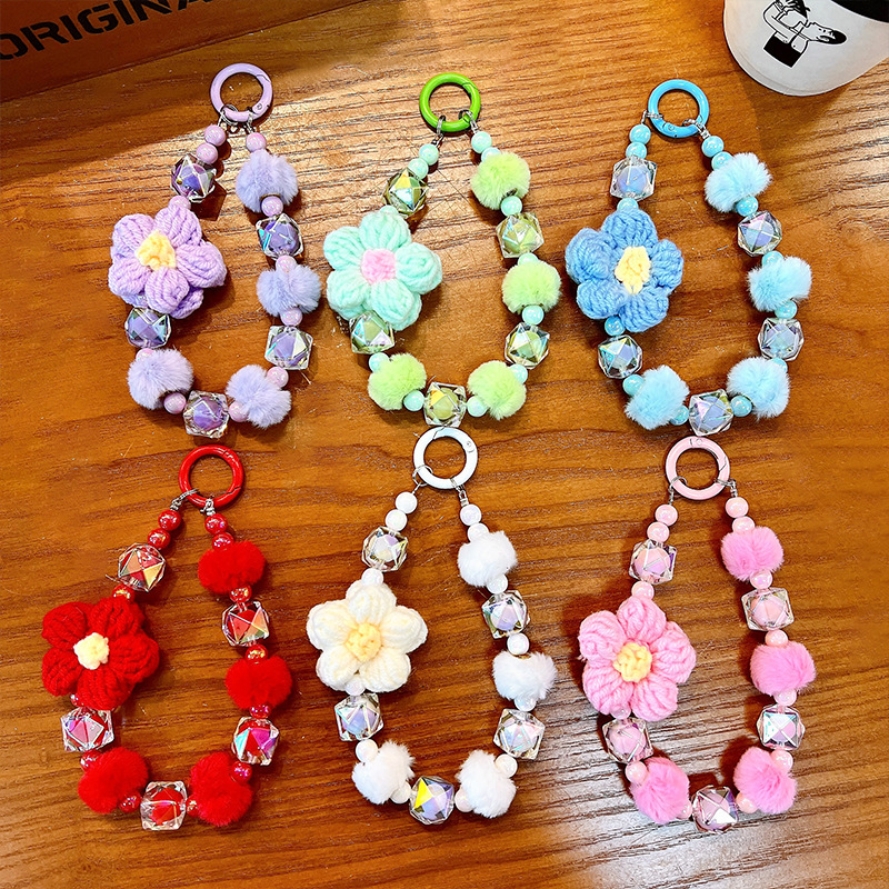 Flor de lana cuentas de otoño y invierno cadena de llaves de teléfono móvil cuentas de lana pulseras bolsos colgantes pequeños regalos al por mayor