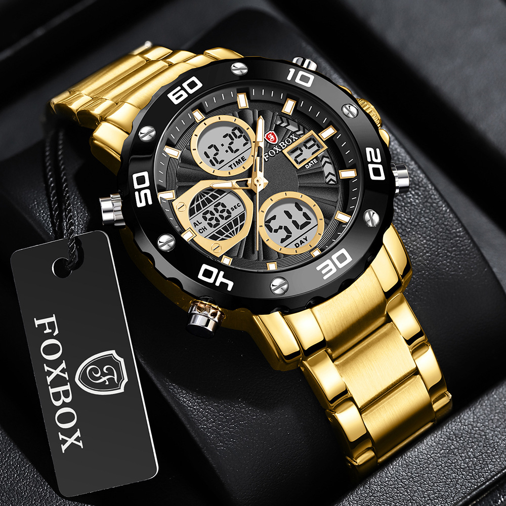 FOXBOX nuevo reloj electrónico de doble pantalla correa de acero hombre multifuncional despertador impermeable nocturna cronógrafo 0061