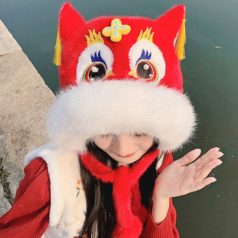 国潮醒狮红色帽子可爱学生儿童过年新年虎头帽女冬天加厚保暖毛绒|undefined