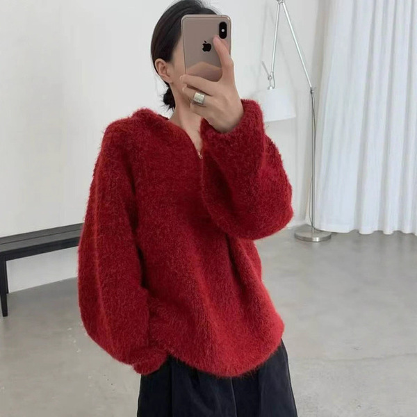Red velvet knitted demi-season fashionable warm long-sleeve with…