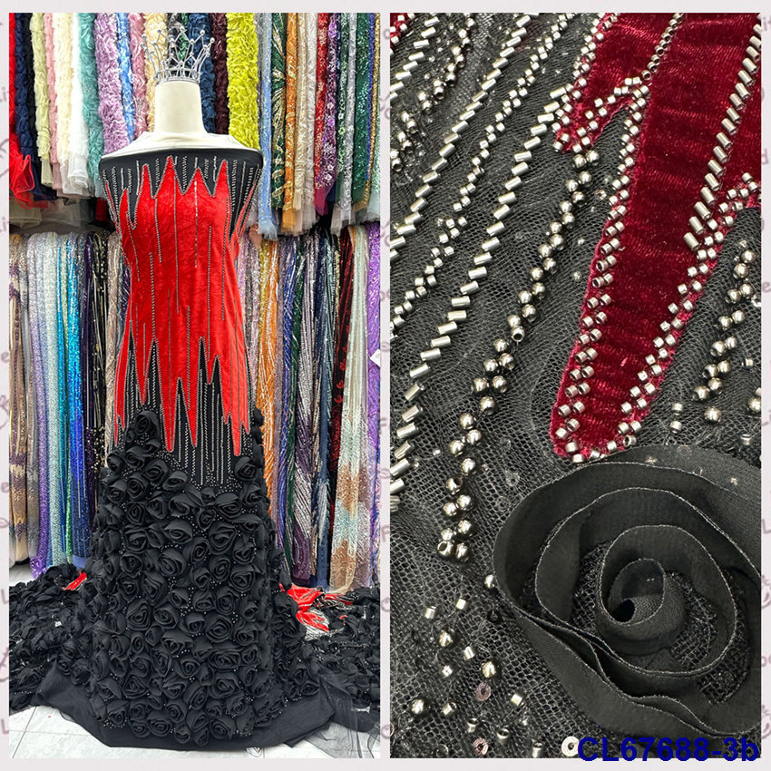 法式礼服重工立体花朵绣婚纱蕾丝面料 bridal 3D lace fabric