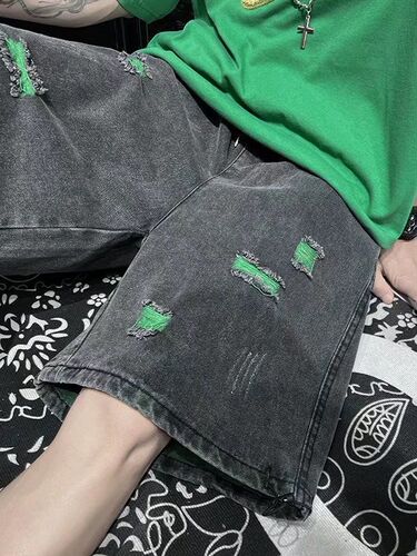 Men's Summer Thin Streetwear Distressed Denim Shorts: Trendy, Loose-Fit, Straight-Leg, Cropped, and Baggy 