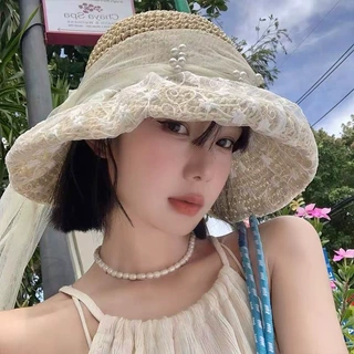 夏季蕾丝花朵遮阳草帽女蝴蝶结珍珠装饰帽檐海边度假风防晒太阳帽