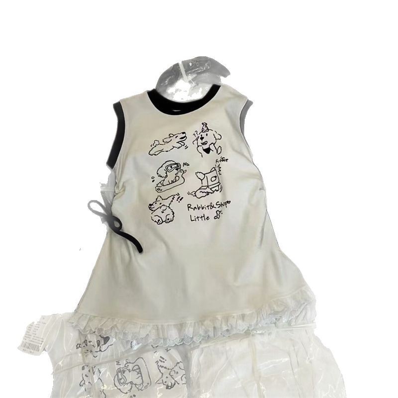 Falda de chaleco de bebé para niños coreanos, falda de chaleco con estampado de cachorro lindo para niños, vestido de niña con borde de encaje dulce