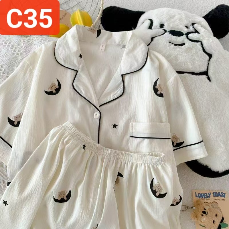 Al por mayor transfronterizo pantalones cortos de manga corta nubes pijamas de algodón de dibujos animados lindos cardigan con solapa primavera y otoño set de ropa para el hogar