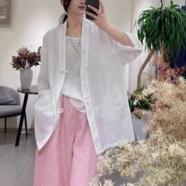亚麻衬衫女2026春季新款文艺休闲V长袖中长款宽松百搭衬衣开衫