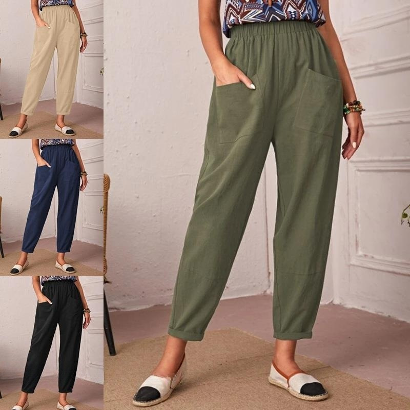 Same day shipping Amazon independent station new cotton and linen pants elastic waist casual pants pocket leggings women