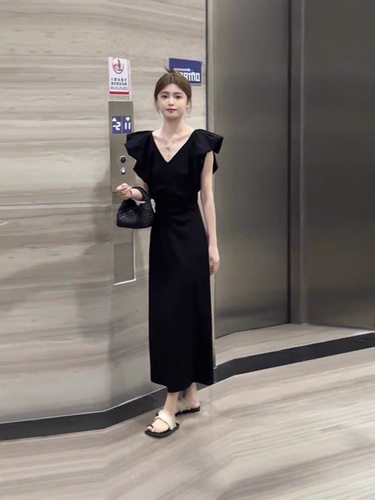 Black V-neck Child and Adult Summer Audrey Hepburn-style Slimming French Chic Long Dress
