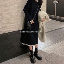 2025秋冬新款毛衣裙搭大衣内搭连衣裙黑色网纱扎染长裙连帽款边领