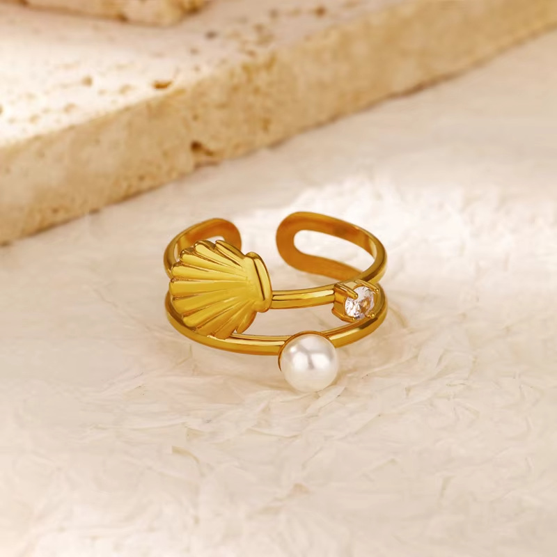 All Seasons Season Women's Gender PVD Coated Real Gold Plated Starfish Shell 304 Stainless Steel Elegant Lady Waterproof Non Tarnish Open Rings