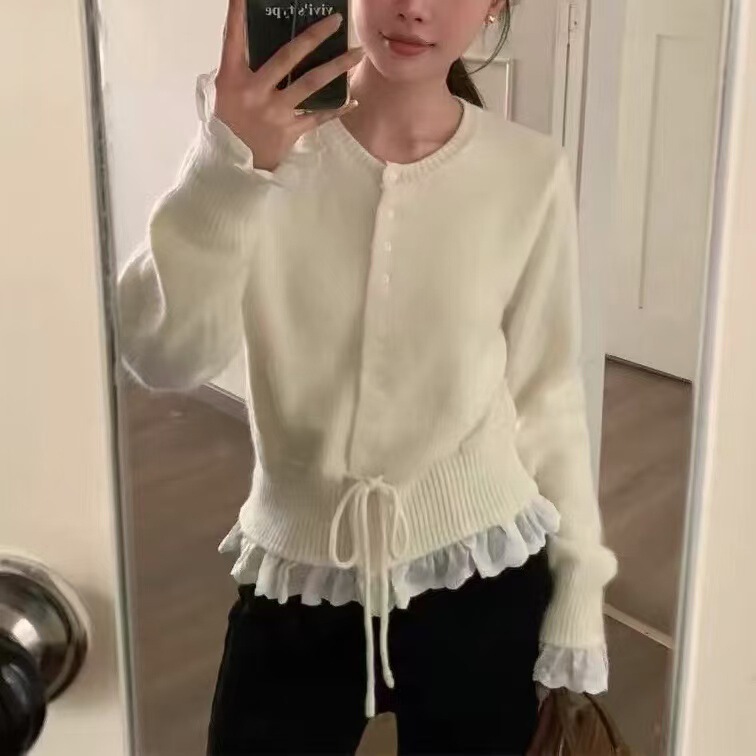 Foreign trade new stitching lace round neck sweater knitted cardigan women's new lace stitching drawstring waist top women