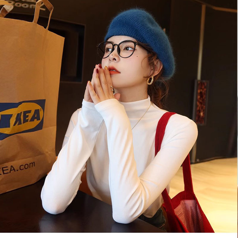 Fleece-lined, warm, white base layer, new autumn style, half-turtleneck, long-sleeved T-shirt for women, slim-fit, figure-flattering, solid-color T-shirt