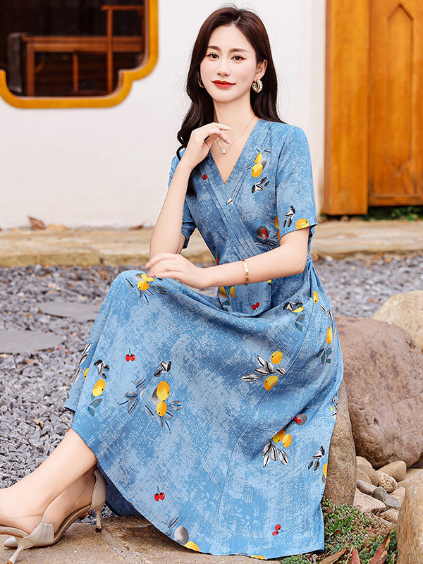 高端棉绸连衣裙新款夏季女妈妈时尚印花人造棉宽松大码外穿长裙子|undefined