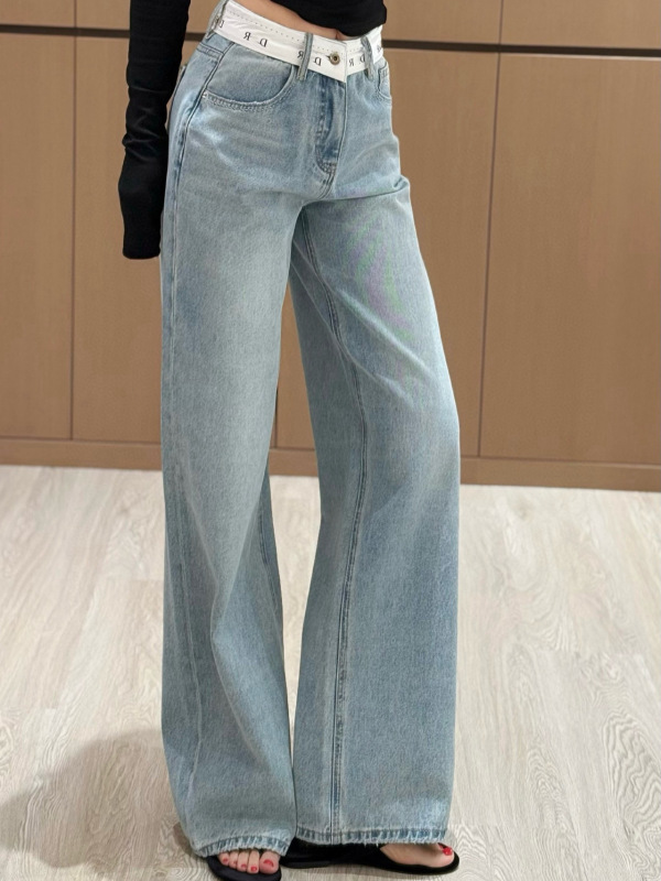 ヨーロッパのストレートジーンズ女性2025ポケット刺繍衝突色アルファベットリボンストレートリボングラデーション色ジーンズ|undefined