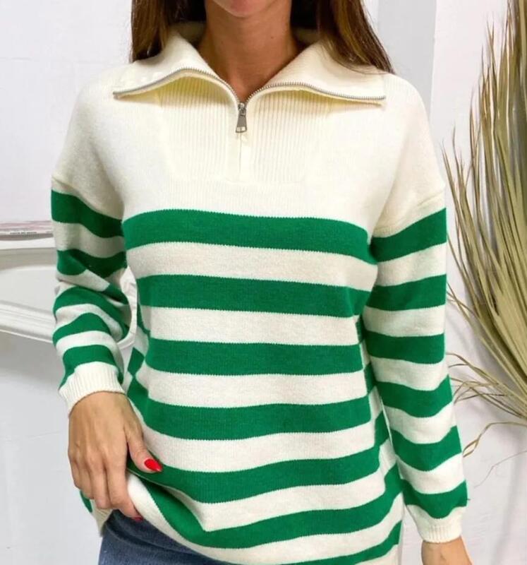 Cross-Border Foreign Trade Amazon Aliexpress Half-Zip Lapel Contrasting Loose Large Size Striped Sweater Jacket Wide Stripes