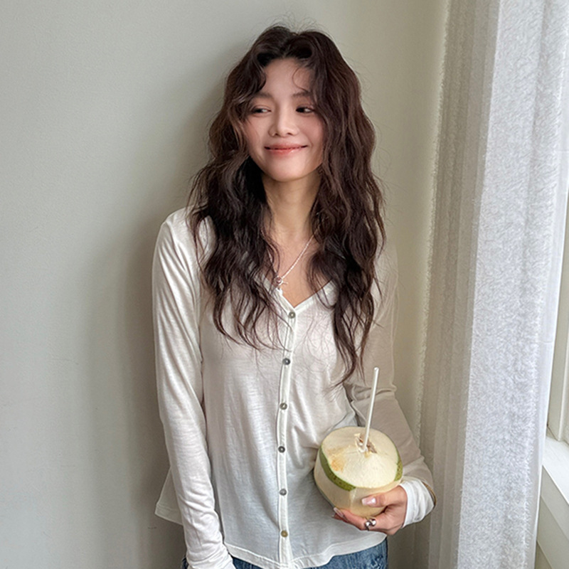 Morishima Spring and Summer Tencel Acetate Cardigan Women's 2025 New Sheep Wool Stretch Tops Lightweight Button Long Sleeve Top