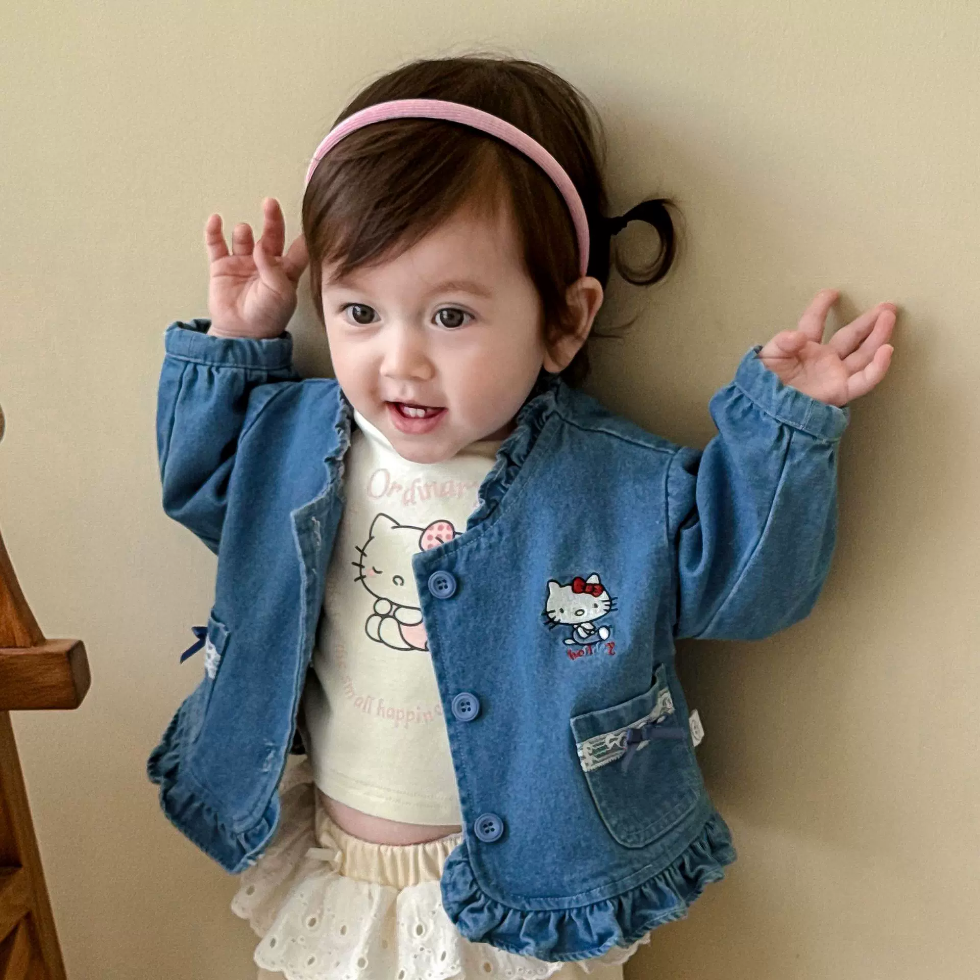 女童猫咪牛仔服2025新款秋季儿童洋气韩版甜美外套宝宝蝴蝶结上衣