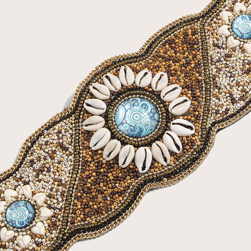 New Women's Bohemian Turquoise Handmade Shell Glass Bead Waistband Ethnic Style Travel Photography Elastic Snap 