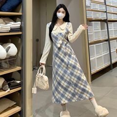 【原版面料】学院风蕾丝长袖假两件连衣裙2025年秋冬新款高腰长裙