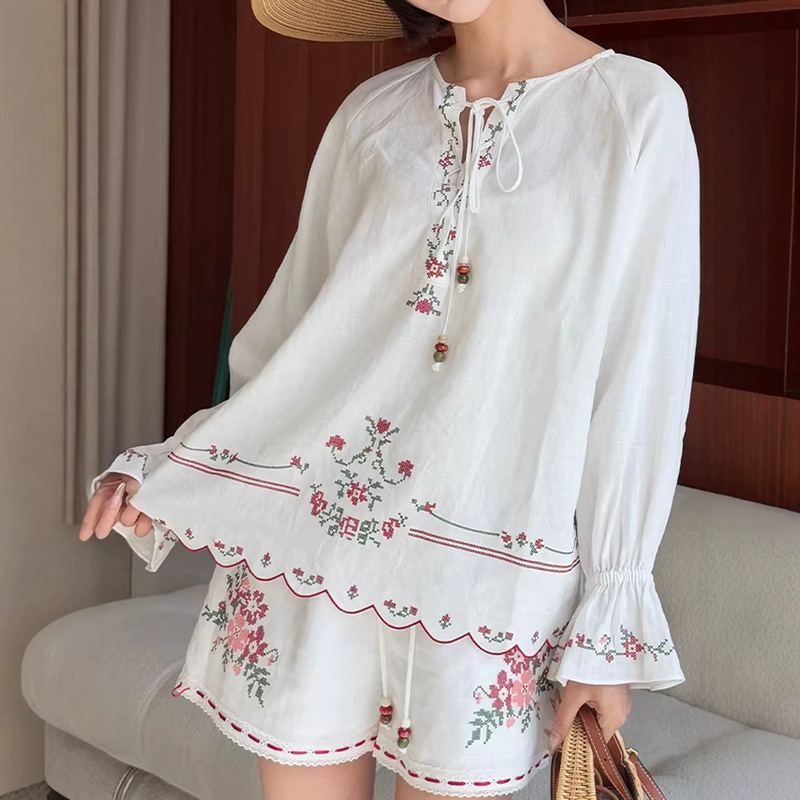 French-style niche 2026 spring-summer new cross-pattern embroidered lace-up lantern sleeve shirt + shorts set for women French-style niche 2026 spring-summer new cross-pattern embroidered lace-up lantern sleeve shirt + shorts set for women