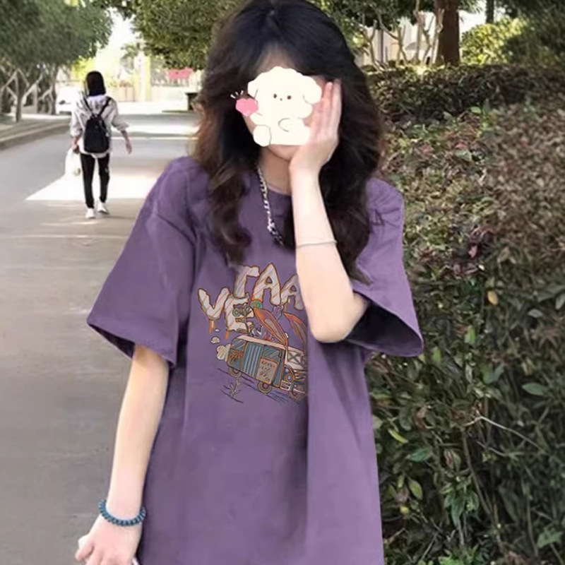 Plus-Size Purple Short-Sleeve T-Shirt for Women, New Summer Style, Loose American-Style Half-Sleeve Design, Trendy Niche Top