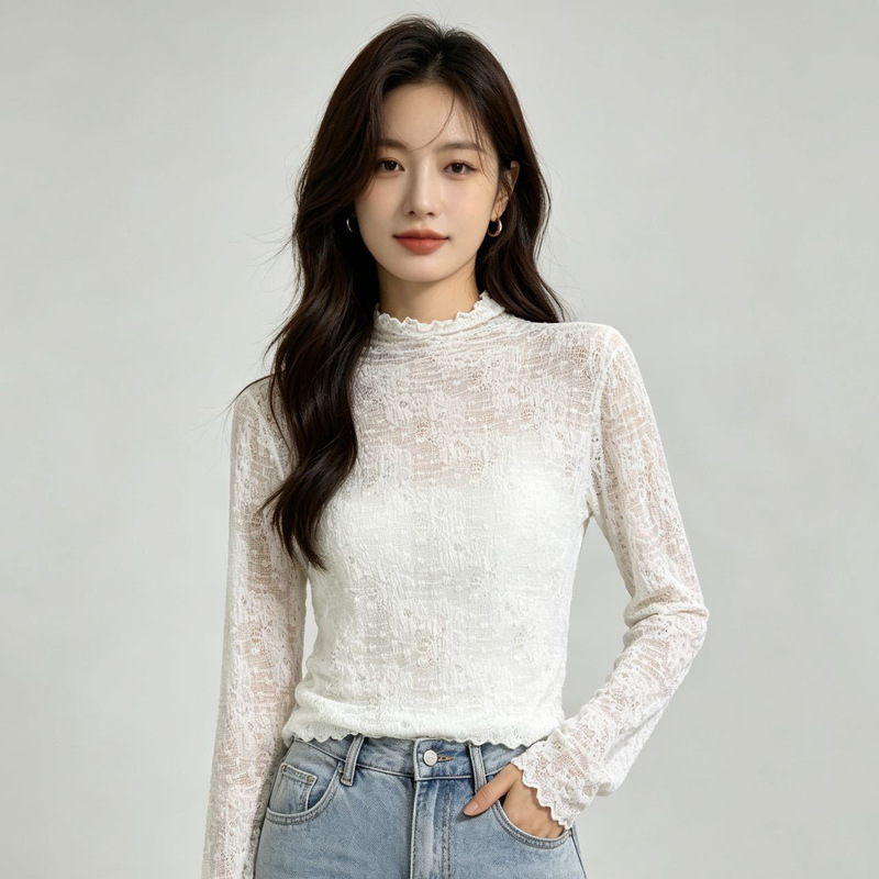 Early autumn lace base shirt for women, new high-end style, half-high collar, ruffled trim, thin slim-fit top for women