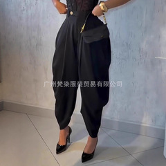 2025欧美跨境亚马逊外贸爆款纯色不规则褶皱喇叭裤简约休闲束脚裤