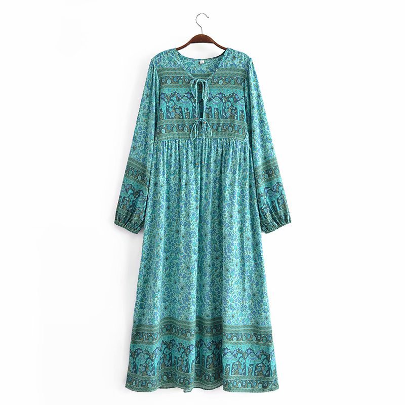 loose cotton print lace-up fringed long-sleeved dress  NSAM55369