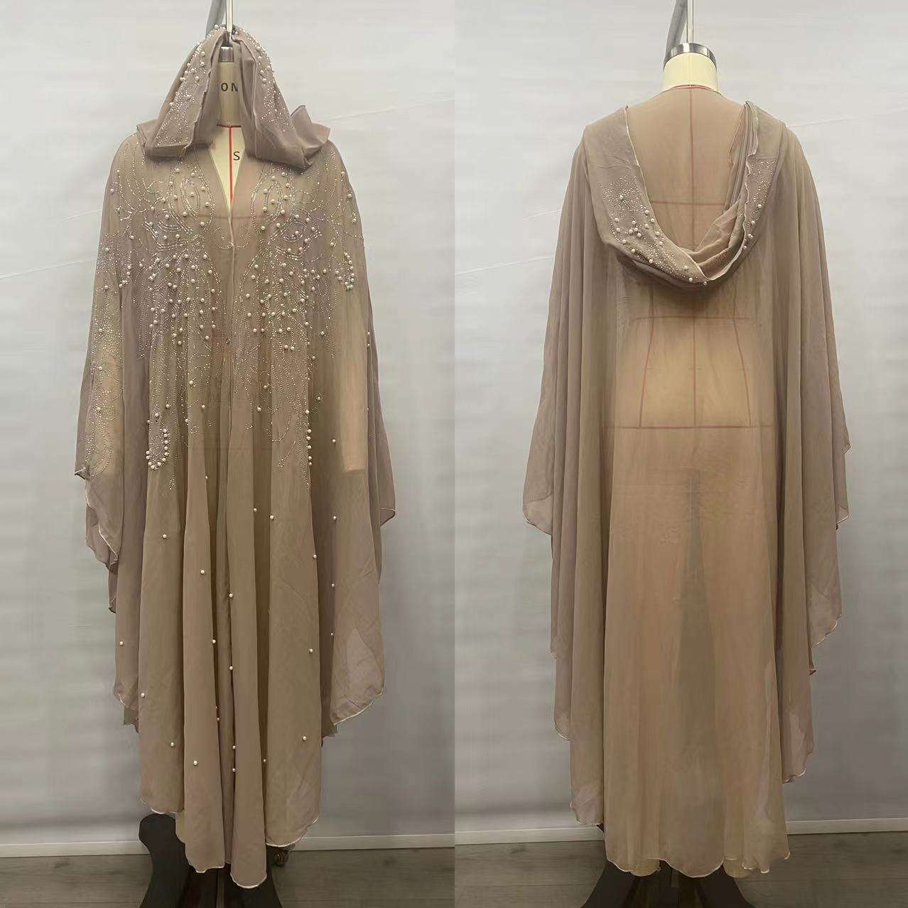 Caftan avec foulard – Robe longue brodée à manches longues (taille unique, motif floral/noir/blanc/violet foncé/bleu/kaki)_voghion.com
