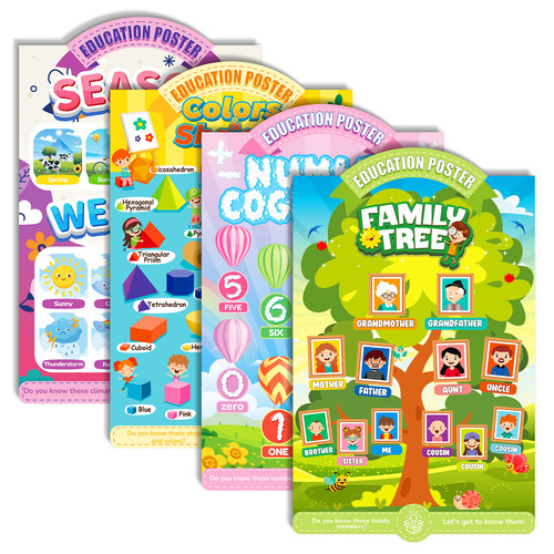 4 pcs/set Fun Educational Toys Cognitive Poster Cross-border Seasonal Family Tree Number Color Shape Wall Art