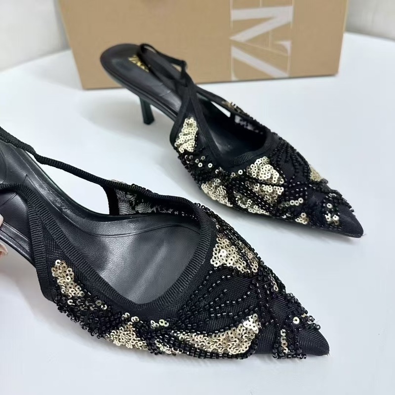 ZAR夏季新品 女鞋 黑色亮片串珠后绊带气质细高跟鞋尖头包头单鞋|undefined