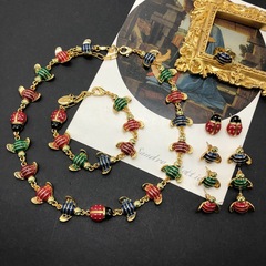 Enamel-dipped genuine gold, cute little bee and ladybug design, fresh and versatile necklace, bracelet, earrings, and ring set