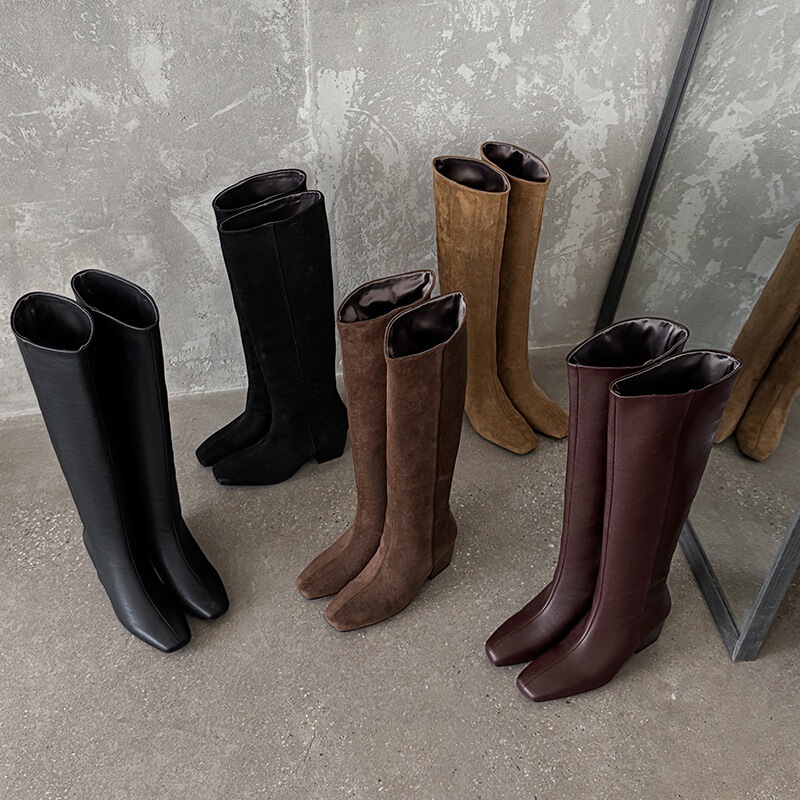 Genuine Leather Square Toe High Boots Women's Knee Boots Autumn Winter New Thick High Heel Sleeve Straight-Leg Boots Women Knight Boots