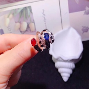 S925 Silver Set Natural Ruby Sapphire Ring Snake Ring Personality Fashion Women's Main Stone 5*7 Hot Sale