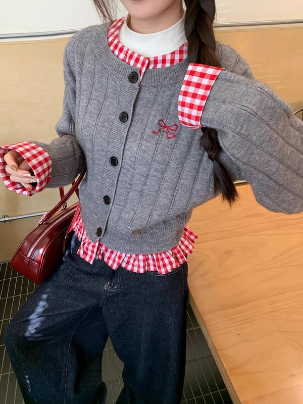 韩系格纹拼接毛衣外套女春季2025新款时髦洋气单排扣宽松针织开衫|undefined