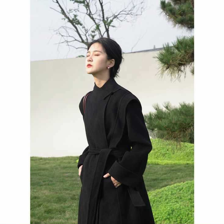 2025 New Chinese Style Australian Wool Double-Sided Cashmere National Style Women's Winter Mid-Length Button Black Wool Coat